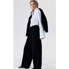 H&M Ladies Blue Wide Linen-Blend Trousers - Blue