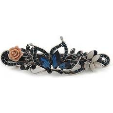 Avalaya Vintage Inspired Midnight Blue Crystal Butterfly and Pink Rose Barrette Hair