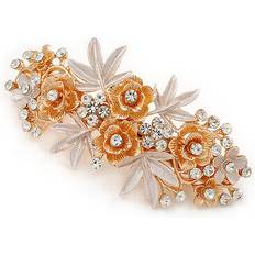 Avalaya Large Two Tone Diamante Rose & Daisy Floral Barrette Hair Clip Grip Rose Gold