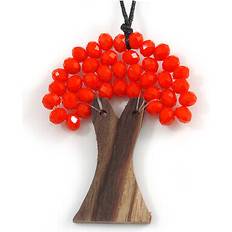 Wood Charms & Pendants Avalaya Bright Orange Glass Bead Brown Wood Tree Of Life Pendant - Black Cotton