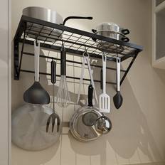 LivingAndHome Wall Mounted Kitchen Pan Saucepan Storage Iron Hanging Shelf Organiser Black Hook & Hanger