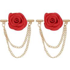 Men - Red Brooches Uxcell Rose Lapel Pin Double Hanging Chain Brooch Suit Stud - Dark Red