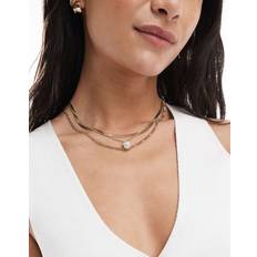 Pieces Multi Chain Necklace With Pearl Detail - Gold