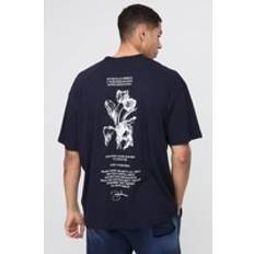 Blommiga - Herr T-shirts boohooMAN Mens Oversized Extended Neck Line Drawn Floral Print T-Shirt - Navy