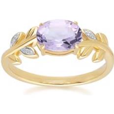 Gold Rings Gemondo O Leaf Pink Amethyst Diamond Ring - 9ct Yellow Gold