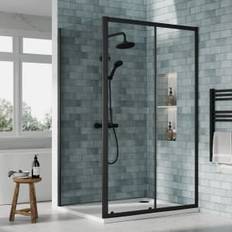 Nuie Matt Black Sliding Door Side Panel Tray & Waste Shower Enclosure Package 1200 x 900mm