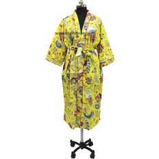 Yellow Robes Handmade Yellow Mukut Print Cotton Kimono Bathrobe - Yellow