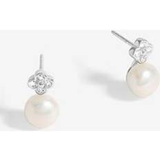Simply Silver Cubic Zirconia Clover and Pearl Drop Stud Earrings