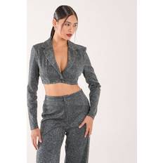 Pink - Women Blazers Womens Glitter Cropped Blazer - Black