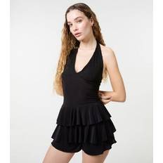 Womens Black Lace Halter Neck Ruffle Playsuit - Black