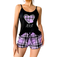 Purple Pyjamas Shein Womens Heart Plaid Print Camisole And Shorts Sleepwear Set