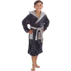 Dressing Gowns Kids Boys Hooded Plain Thermal Dressing Gown Contrast Nightwear Robe - Black