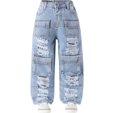 Shein Young Girl Vintage StreetStyle Ripped Light Blue Washed Straight Leg Jeans With Multiple Pockets Casual