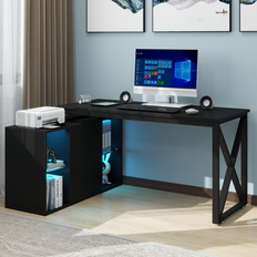 Dextrus L Shaped with LED Light and Power Outlets 55 inch Reversible Corner Desk with File Cabinet and Storage Shelves Writing Desk