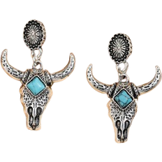 Shein Western Cowboy Style Alloy Cattle Head Ellipse Texture - Turquoise Inlay Dangle