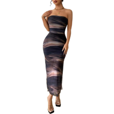 Shein Batik-Muster bedrucktes trägerloses Midikleid mit Schlitz
