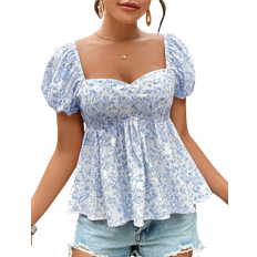 Shein Womens Vacation Chiffon Printed Bubble Sleeve Sweetheart Collar Blouse