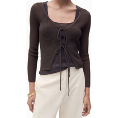 Solid Colours Cardigans Mango Women's Ribbed Knit Bows Cardigan Sweater - Chocolate