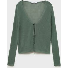Green Cardigans Mango Rib-Knit Cardigan With Bows - Sage Green