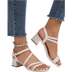 Shein Frauen High Heel Sandalen im Elfenstil, Sommer, beige, einfarbig, offene Zehen, Blockabsatz, Knöchelriemen, weiche Sohle, zum Tragen im