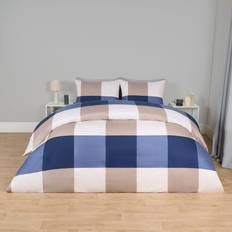 OHS Gingham Block Check Set, Navy/Beige - King Duvet Cover Beige, Blue (230x220cm)