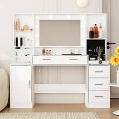 Brayden Studio Vanity Desk with Mirror and Lights 137 cm H x 140 cm W x 30 cm D Dressing Table