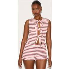 PrettyLittleThing Tomato Red Stripe Tie Front Extreme Shirred Top - Red
