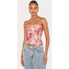 Rosa Korsetter PrettyLittleThing Textured Sheer Floral Lace Corset - Pink