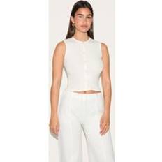 Beige Tank Tops PrettyLittleThing Cream Soft Touch Rib Button Down Sleeveless Top - White