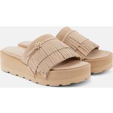 Beige - Suede Slides Gianvito Rossi Fringed Suede Platform Slides - Beige