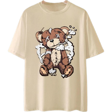 Shein Mens Bear Print Round Neck Short Sleeve TShirt Khaki L,M,S,XL,XXL