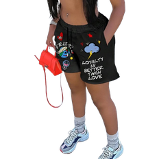 Shein Womens Drawstring Shorts With Pocket Letter Cartoon Print Casual Summer Shorts