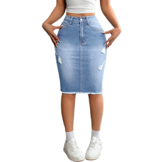 Shein Casual Distressed Hem Fitted Denim Skirt Summer