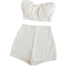 Shein Women Summer Front Tie Strapless Crop Top And High Waist Textured Shorts Set