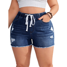 Shein Damen Große Größen Denim Shorts mit verstellbarem Bund, Taschen und ausgefranstem Saum, lässig