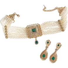 Dam - Vit Smyckesset Shein Set Of Faux Pearl Necklace And Earring Set, Moroccan Plated Gold Bridal Jewelry Set