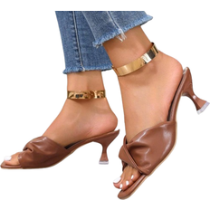 Shein Braune Damenmode falten Quadratisch Zehen High Heel Sandaletten, Große Größen, All-Match, Außenhandel