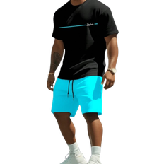 Shein Herren Sommer Lässig Set aus Rundhals Kurzarm T-Shirt mit Buchstaben-Muster und Shorts mit Kordelzug am Bund