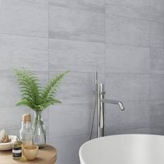 COLOURS Soft Travertin Grey Matt Patterned Stone Effect Porcelain Indoor Wall & Floor Tile Pack Of 7 600mm x 300mm
