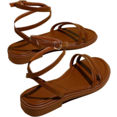 Shein Women Brown Flat Crossed Open Toe LaceUp Sandals Summer OneStrap Buckle Ankle Strap Sandals