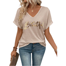 Shein Summer Casual Fashionable VNeck Letter Printed Womens TShirt