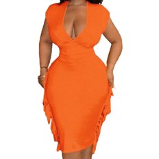 Shein Plus Solid Color Deep VNeck Midi Dress With Side Fringe Trim For Women Yellow