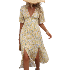 Shein Plus Womens Summer Floral Print Deep VNeck Ruffle Sleeve Elegant Dress With Double Side Slit Hem