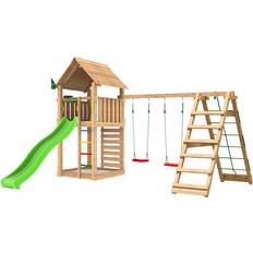 Jungle Gym Cabin 2.1 inkl. Climb Module, 120 kg sand och grön rutschkana
