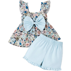 Shein Toddler Girls Floral Print Ruffle Trim Bow Front Top & Frill Hem Shorts & Headband