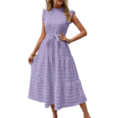 Shein Womens Solid Color Textured Frill Mock Neck Ruffle Armhole Belted Dress