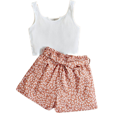 Shein Teen Girls Notched Neck Tank Top & Ditsy Floral Print Paperbag Waist Belted Shorts
