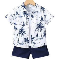 Shein Young Boy Blue & White Tropical Printed Vacation-style Standard Collar Short Sleeve Two-piece Set For Street & Casual Wear In Summer