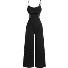 Shein Schwarzer Jumpsuit mit gewickeltem Ausschnitt für den Sommer, Retro Spitze Cut Out Ausschnit, Jumpsuit mit weitem Frauen Hochzeit Jumpsuit