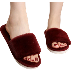 Shein Womens Wine Red Fashionable Solid Bedroom Slippers Minimalist Furry Slipper Shoes